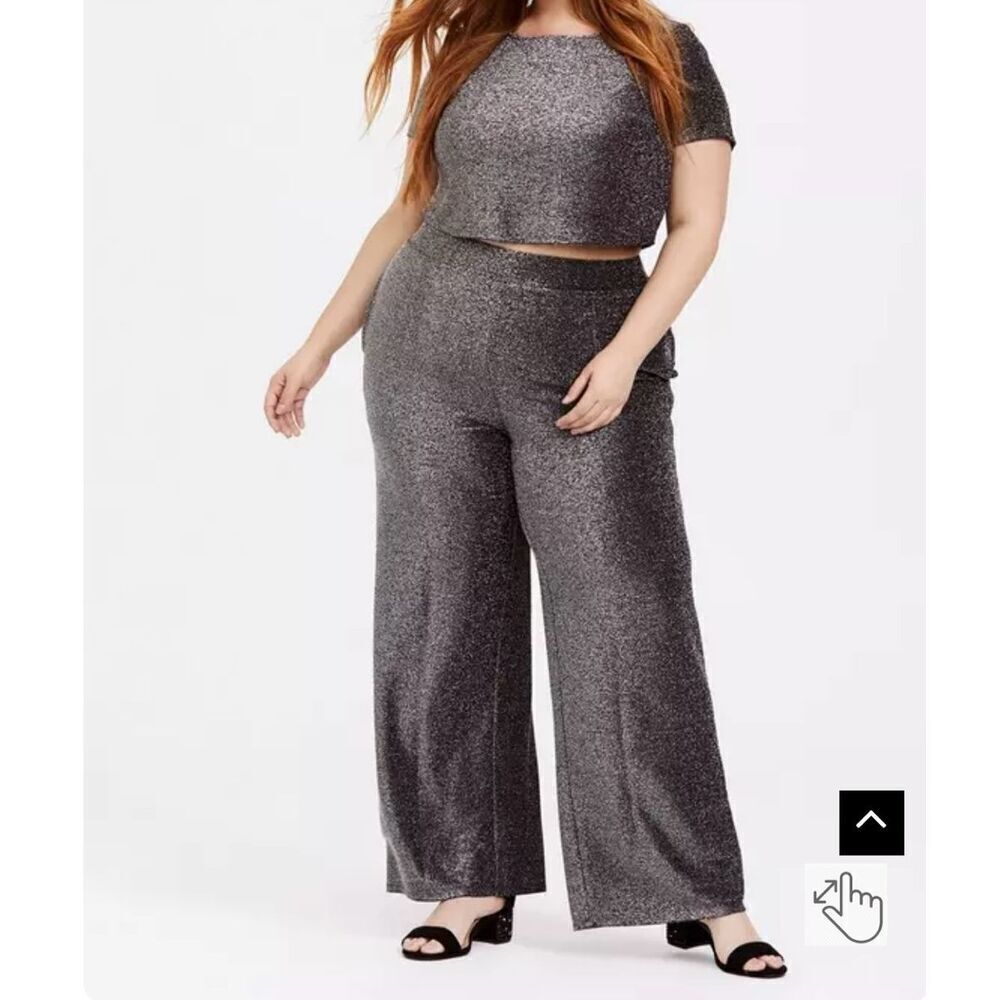 Torrid Black Silver Glitter Wide Leg High Waisted Stretchy Women Pant Sz 2 / 2XL